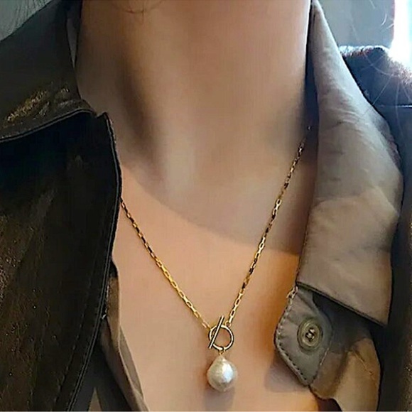 Pearl Drop Necklace, Toggle, 18K Gold plated Gift For Mom - Picture 4 of 10